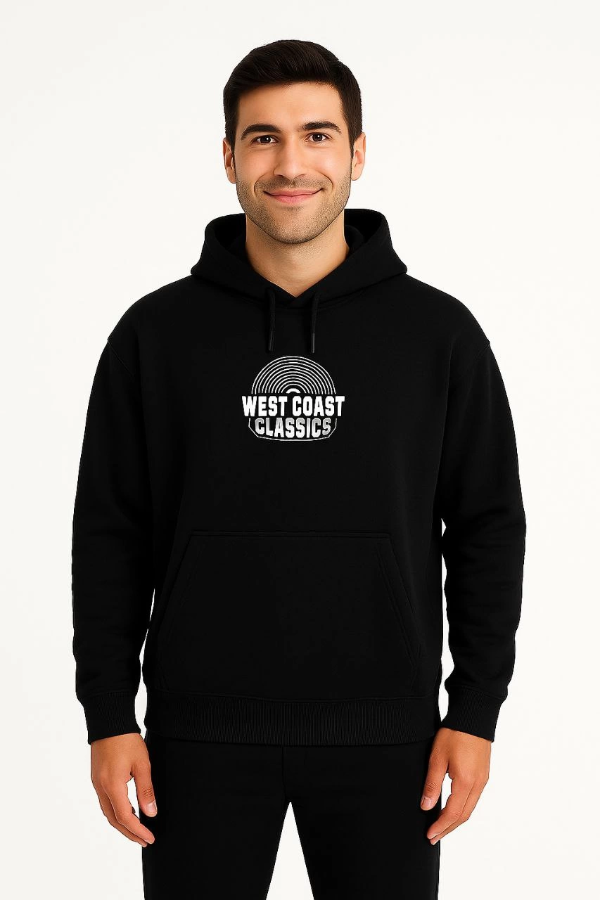 Erkek Kapşonlu Sweatshirt Üç İplik Pamuklu Ön Arka Baskılı hoodie - Siyah