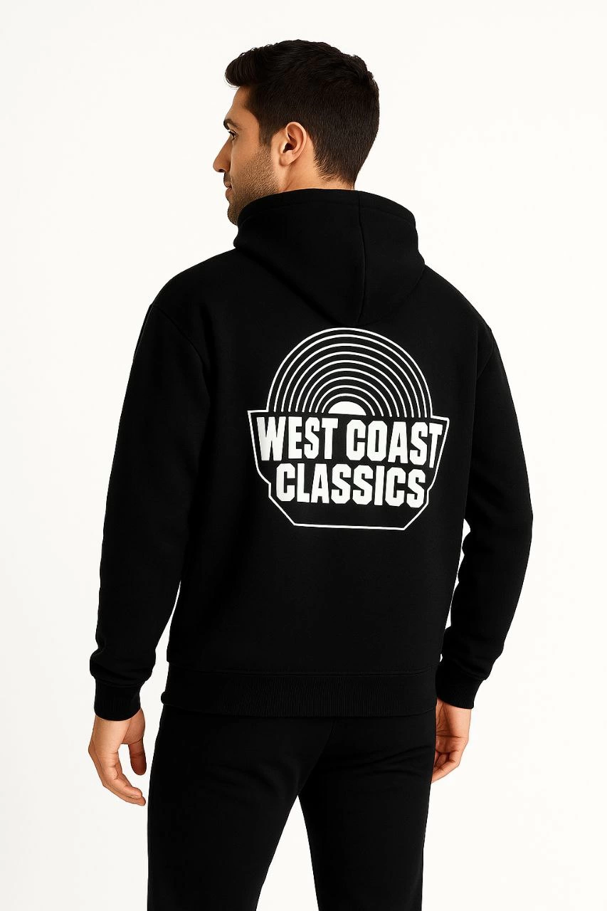 Erkek Kapşonlu Sweatshirt Üç İplik Pamuklu Ön Arka Baskılı hoodie - Siyah