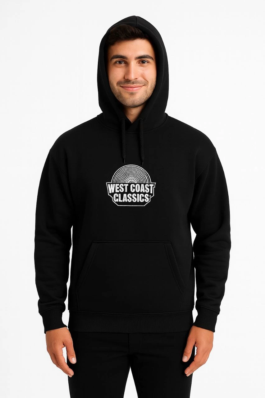 Erkek Kapşonlu Sweatshirt Üç İplik Pamuklu Ön Arka Baskılı hoodie - Siyah