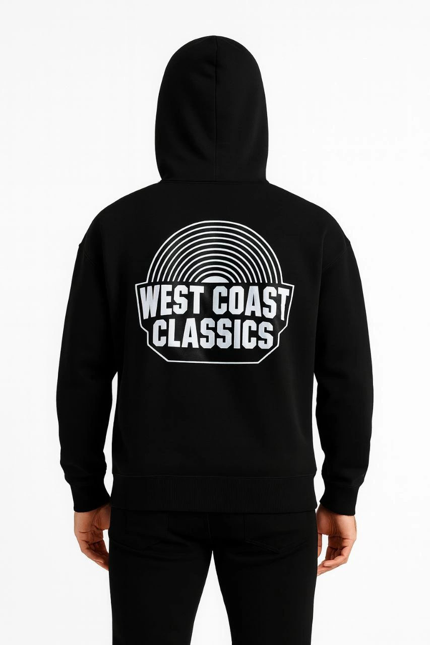 Erkek Kapşonlu Sweatshirt Üç İplik Pamuklu Ön Arka Baskılı hoodie - Siyah