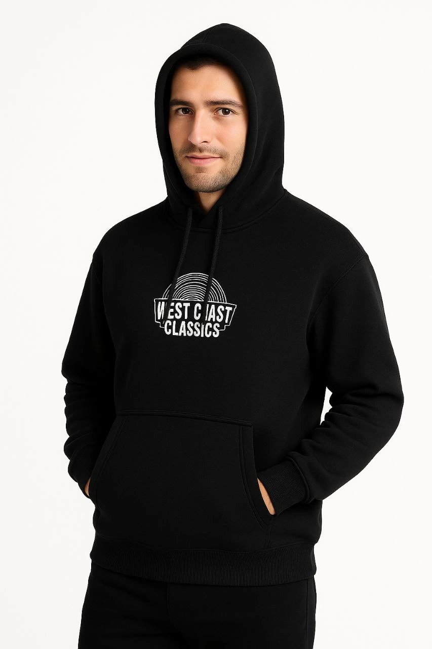 Erkek Kapşonlu Sweatshirt Üç İplik Pamuklu Ön Arka Baskılı hoodie - Siyah