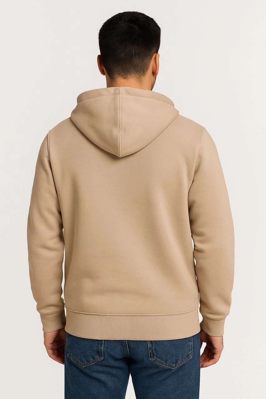 Erkek Üç İplik Pamuklu Kapüşonlu Tam Fermuarlı Kanguru Cepli Sweatshirt Hoodie - Bej