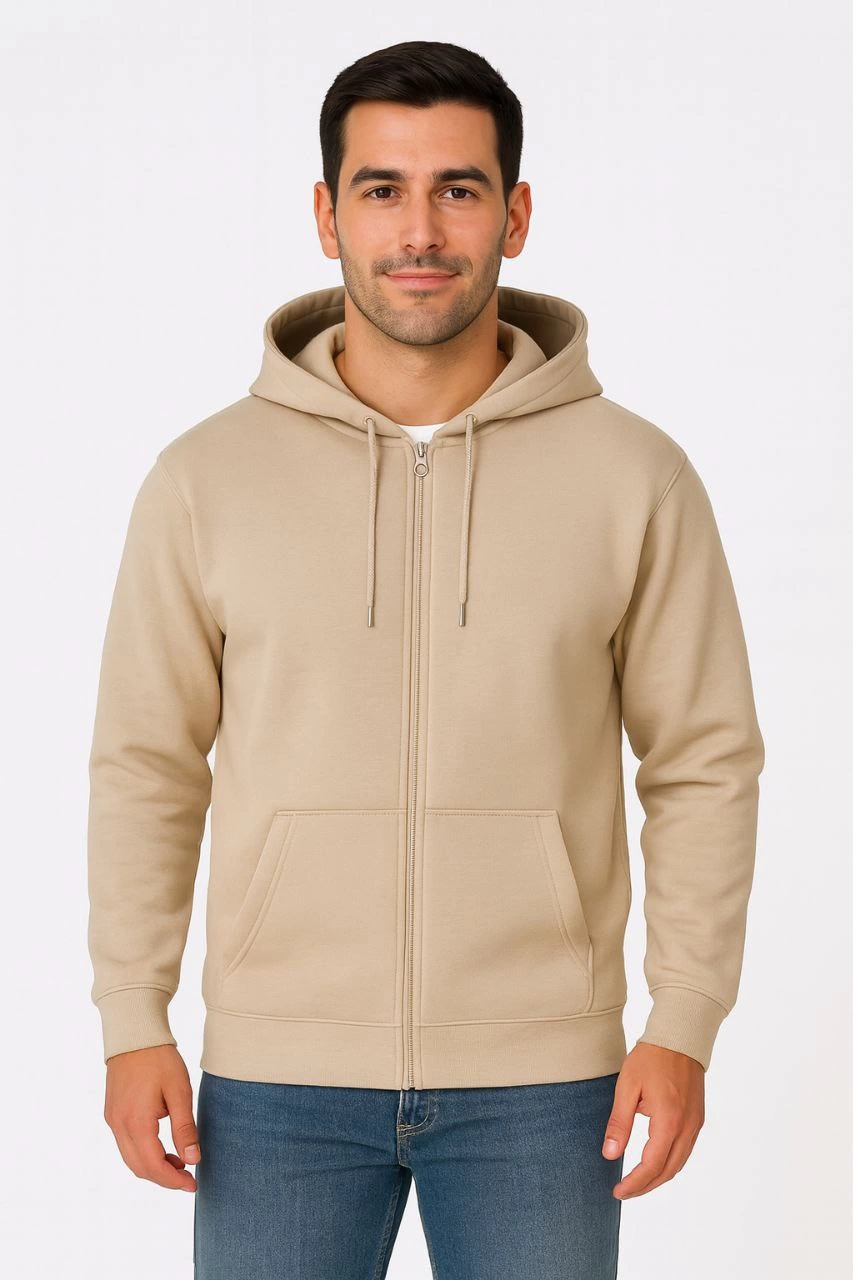 Erkek Üç İplik Pamuklu Kapüşonlu Tam Fermuarlı Kanguru Cepli Sweatshirt Hoodie - Bej