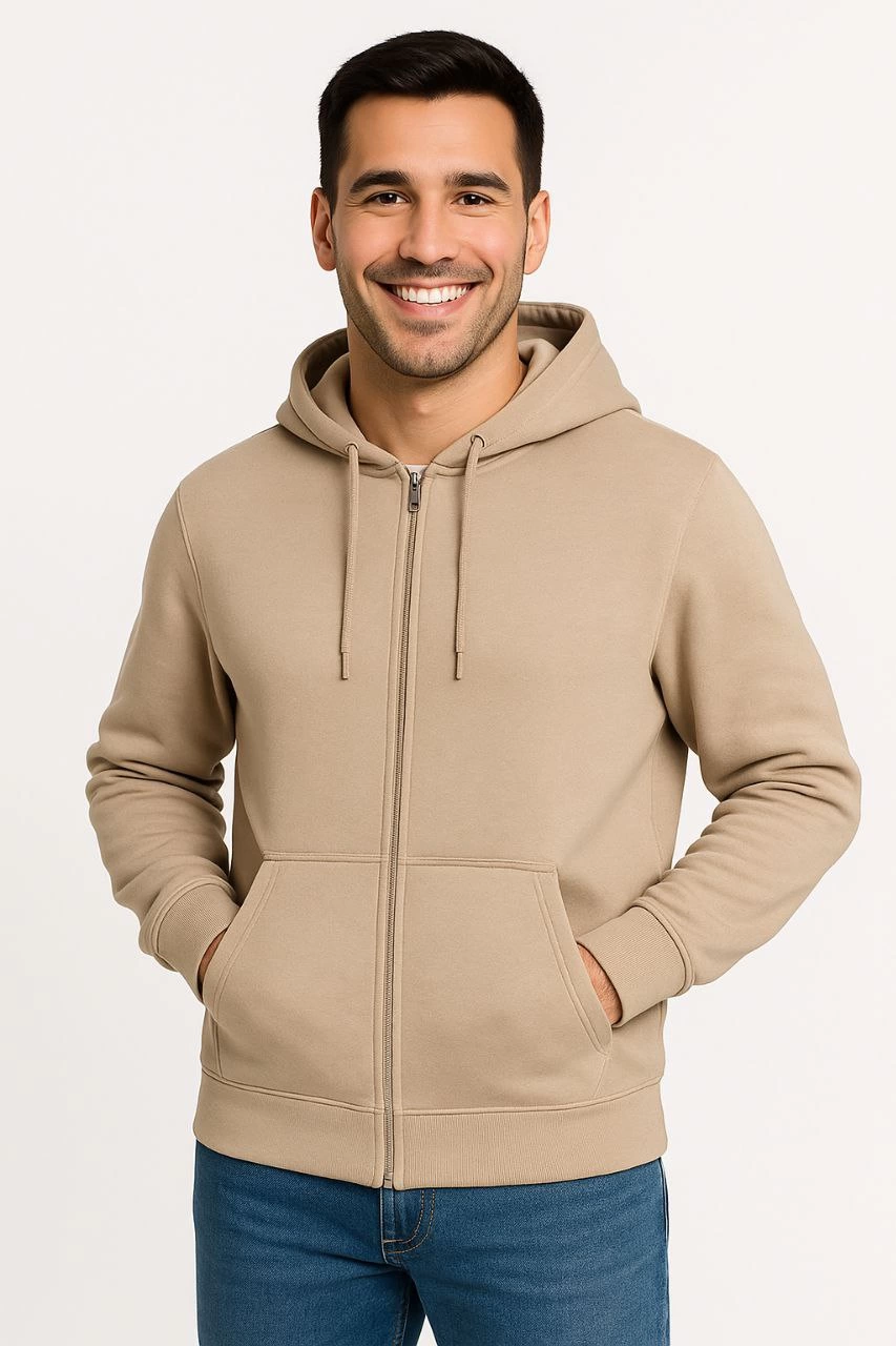 Erkek Üç İplik Pamuklu Kapüşonlu Tam Fermuarlı Kanguru Cepli Sweatshirt Hoodie - Bej