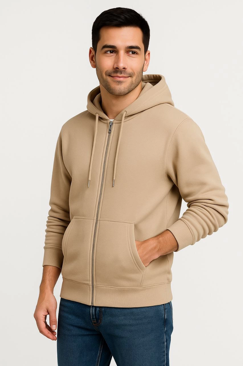 Erkek Üç İplik Pamuklu Kapüşonlu Tam Fermuarlı Kanguru Cepli Sweatshirt Hoodie - Bej