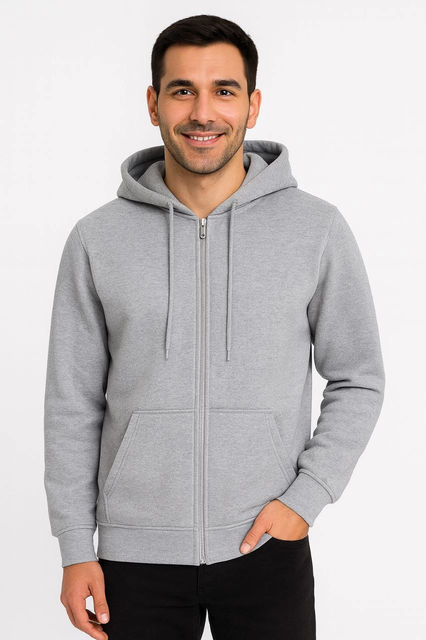 Erkek Üç İplik Pamuklu Kapüşonlu Tam Fermuarlı Kanguru Cepli Sweatshirt Hoodie - Gri