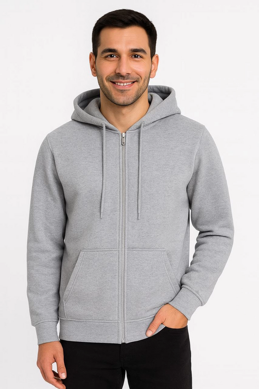 Erkek Üç İplik Pamuklu Kapüşonlu Tam Fermuarlı Kanguru Cepli Sweatshirt Hoodie - Gri