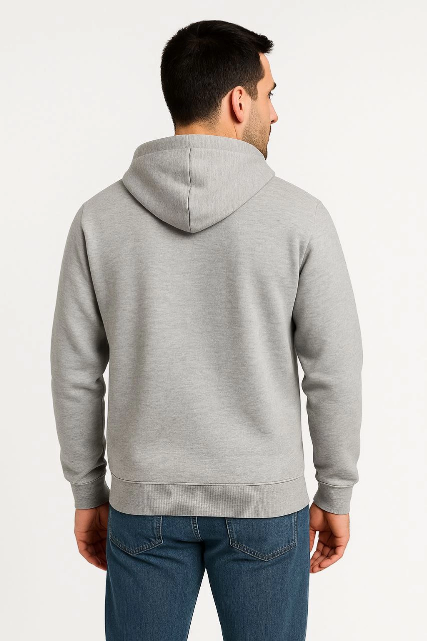 Erkek Üç İplik Pamuklu Kapüşonlu Tam Fermuarlı Kanguru Cepli Sweatshirt Hoodie - Gri