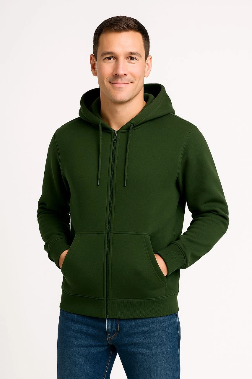 Erkek Üç İplik Pamuklu Kapüşonlu Tam Fermuarlı Kanguru Cepli Sweatshirt Hoodie -  Haki