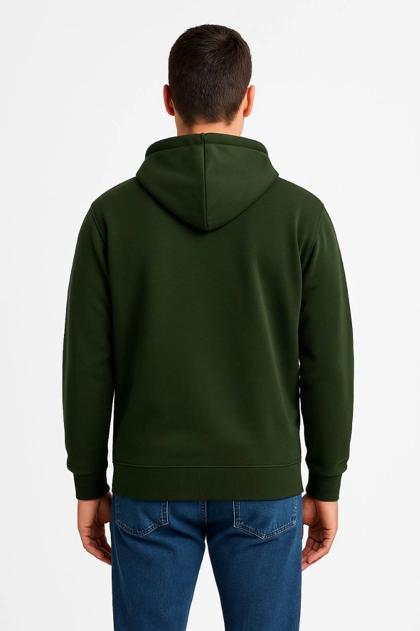 Erkek Üç İplik Pamuklu Kapüşonlu Tam Fermuarlı Kanguru Cepli Sweatshirt Hoodie -  Haki