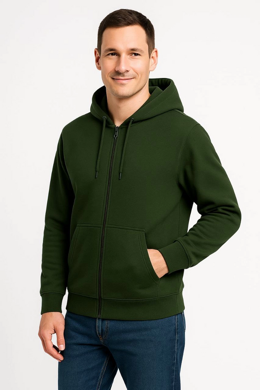 Erkek Üç İplik Pamuklu Kapüşonlu Tam Fermuarlı Kanguru Cepli Sweatshirt Hoodie -  Haki