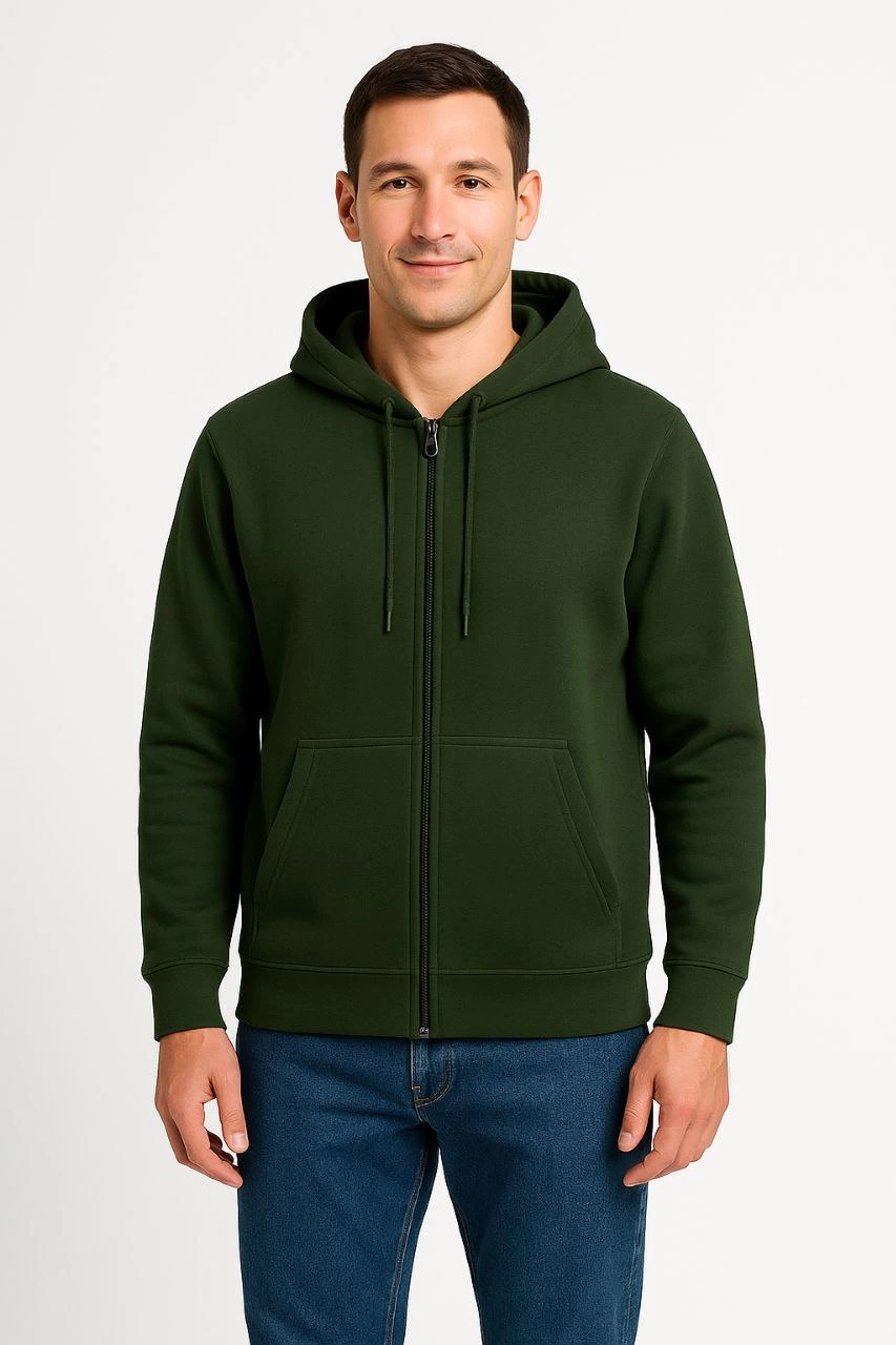 Erkek Üç İplik Pamuklu Kapüşonlu Tam Fermuarlı Kanguru Cepli Sweatshirt Hoodie -  Haki