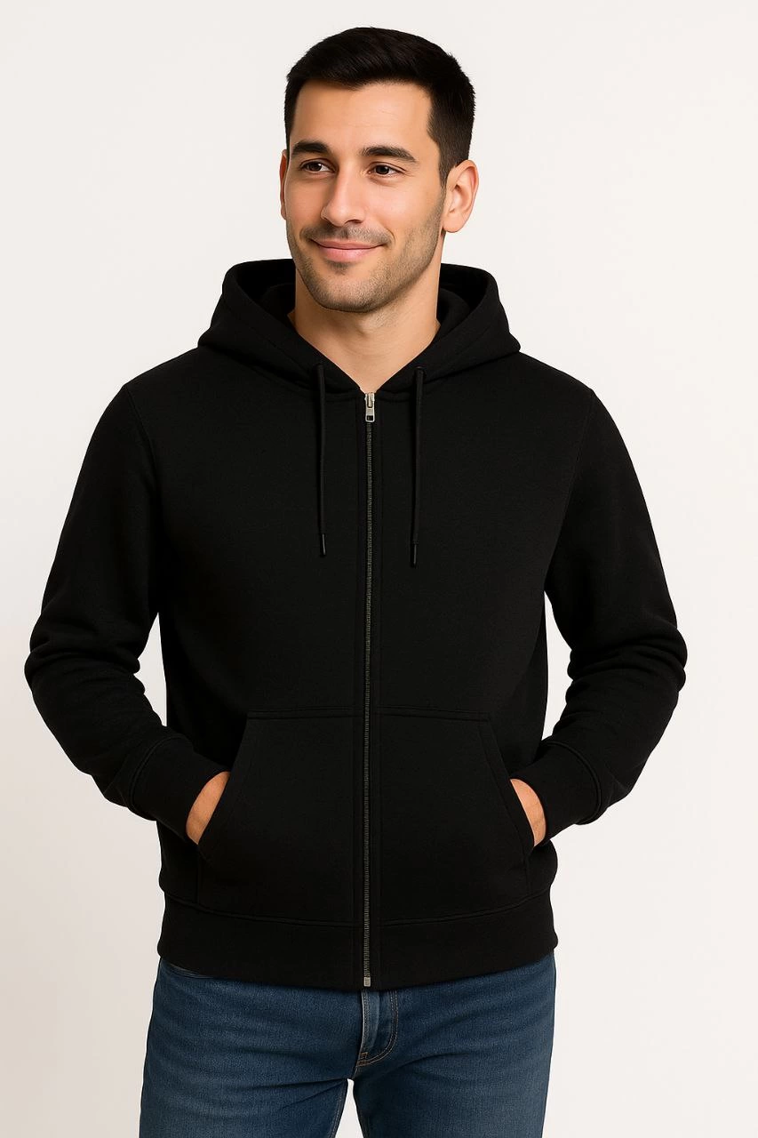 Erkek Üç İplik Pamuklu Kapüşonlu Tam Fermuarlı Kanguru Cepli Sweatshirt Hoodie -  Siyah