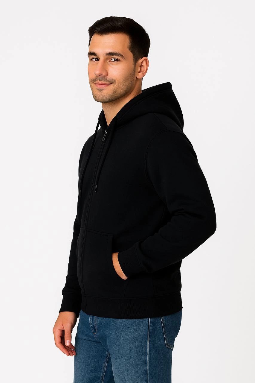Erkek Üç İplik Pamuklu Kapüşonlu Tam Fermuarlı Kanguru Cepli Sweatshirt Hoodie -  Siyah