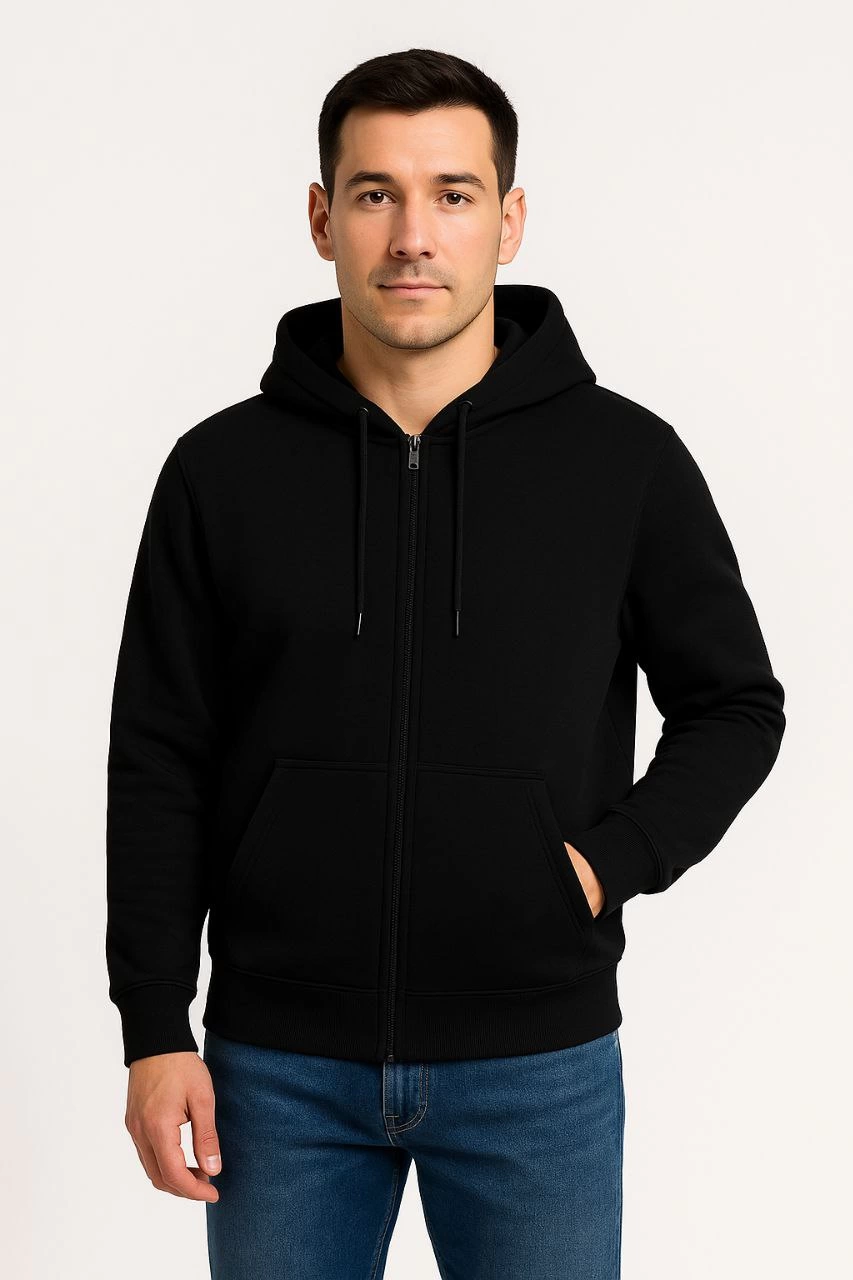 Erkek Üç İplik Pamuklu Kapüşonlu Tam Fermuarlı Kanguru Cepli Sweatshirt Hoodie -  Siyah