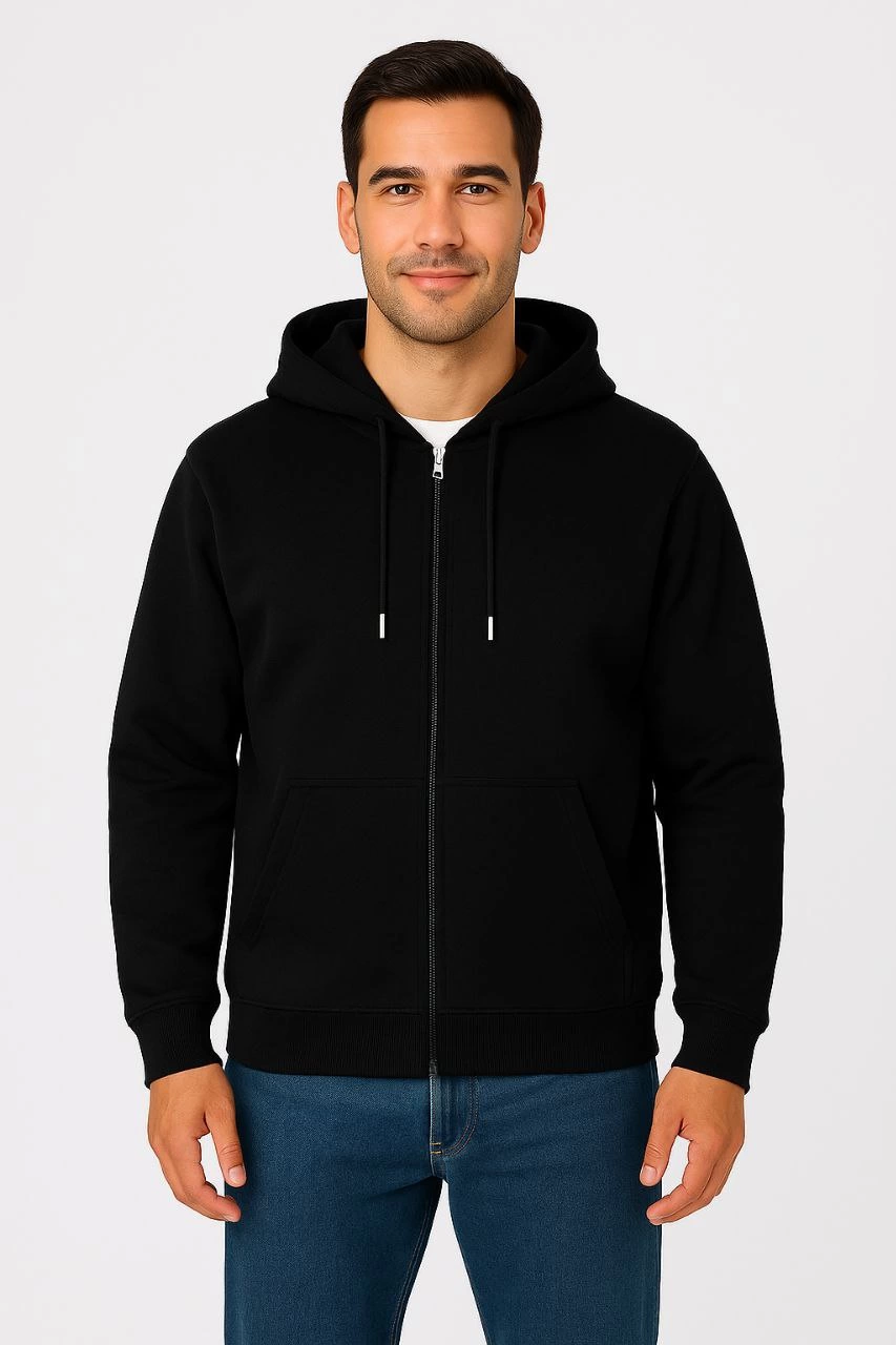 Erkek Üç İplik Pamuklu Kapüşonlu Tam Fermuarlı Kanguru Cepli Sweatshirt Hoodie -  Siyah