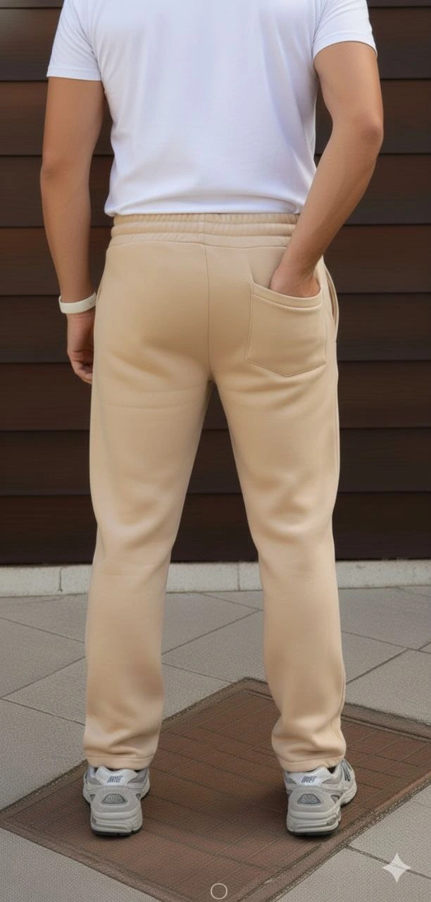 Erkek Üç iplik Kışlık Pamuklu Ovarsize Bağcıklı Düz Paça Cepli Eşofman Altı Pantolon - Bej