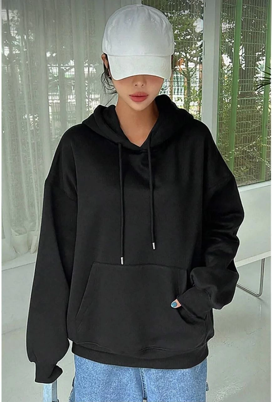 Kadın Kapüşonlu Kanguru Cepli 3 İplik Pamuklu Oversize Hoodie Sweatshirt - Siyah