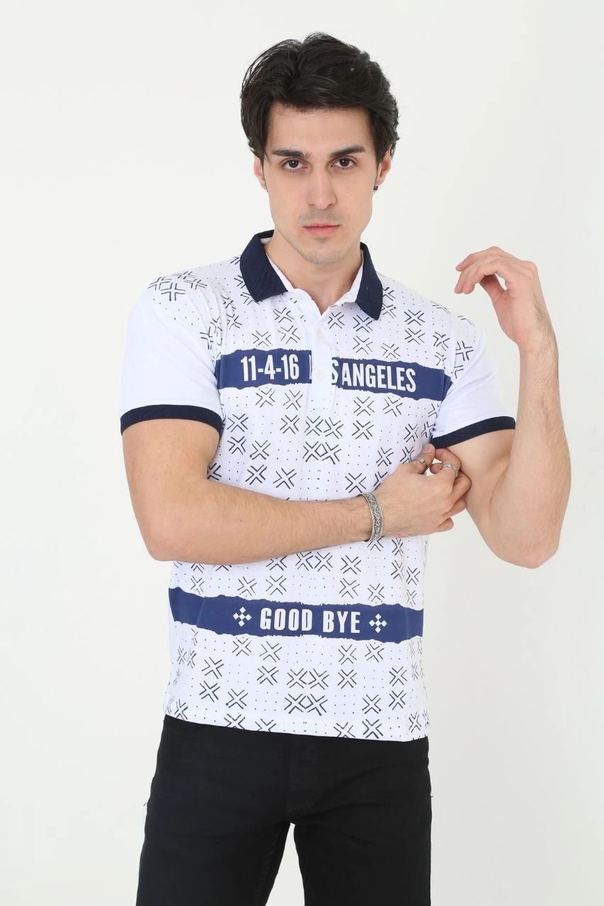 Erkek Yakalı tişort Slim Fit Baskılı Kısa kol T-Shirt - Beyaz