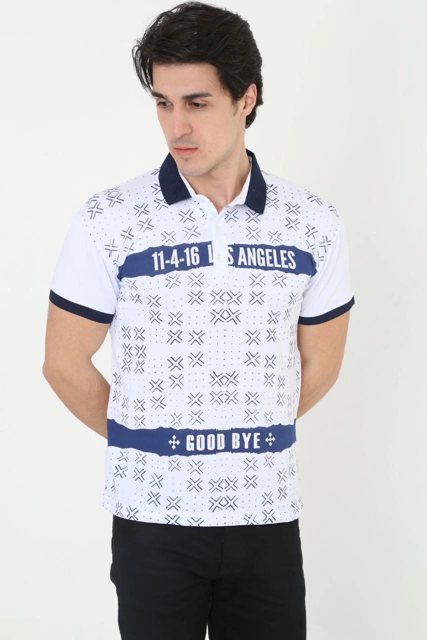 Erkek Yakalı tişort Slim Fit Baskılı Kısa kol T-Shirt - Beyaz