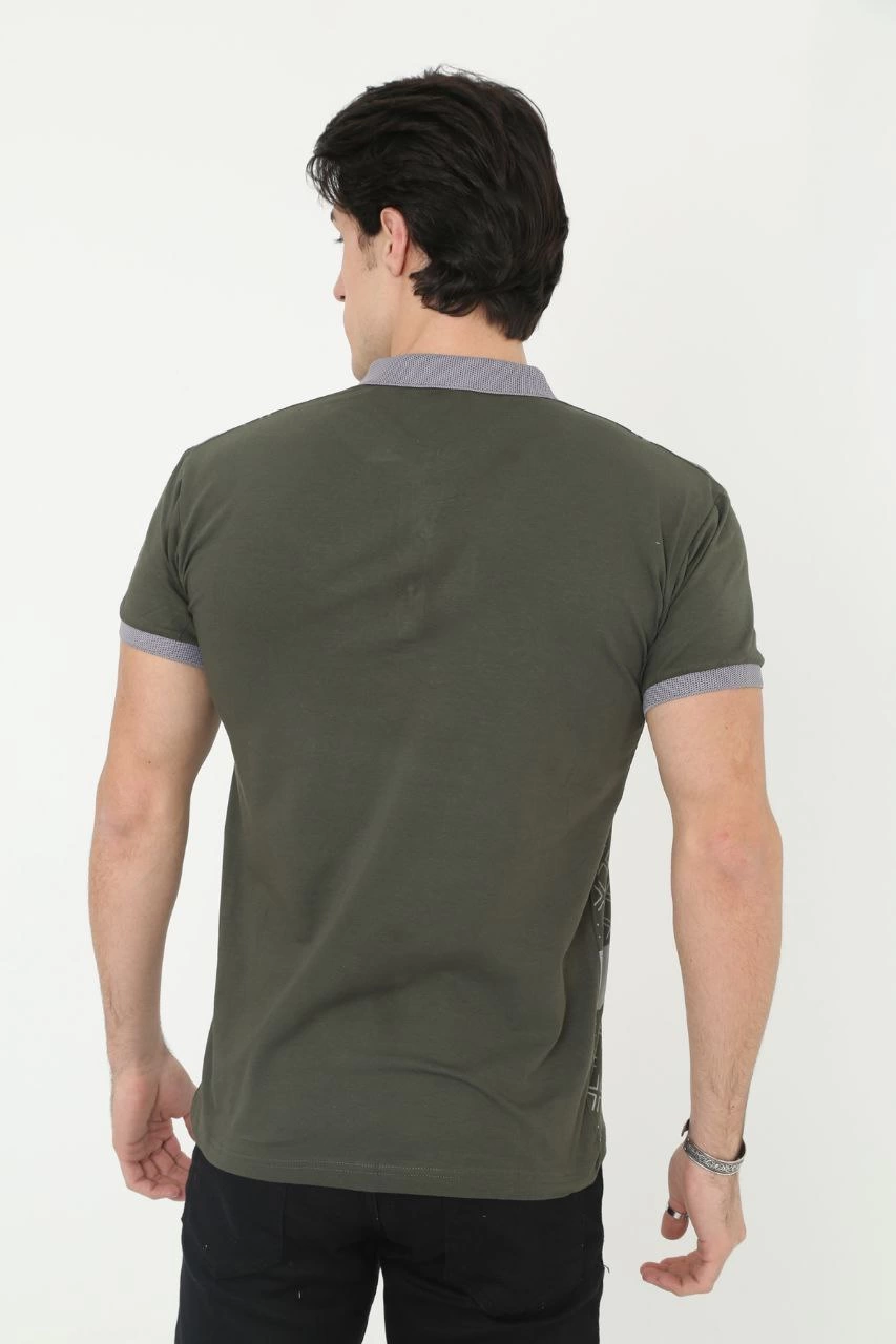 Erkek Yakalı tişort Slim Fit Baskılı Kısa kol T-Shirt - Haki