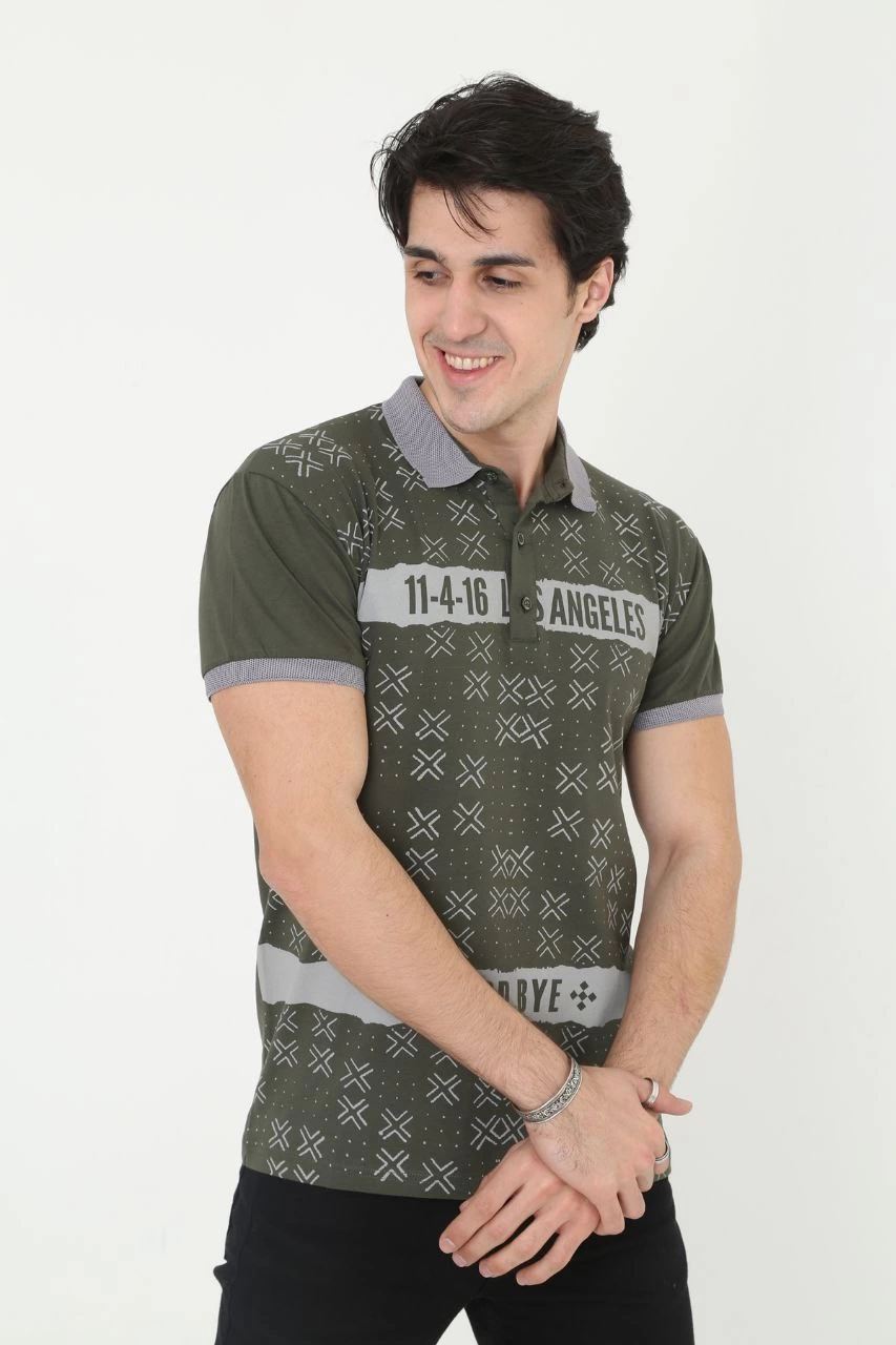 Erkek Yakalı tişort Slim Fit Baskılı Kısa kol T-Shirt - Haki