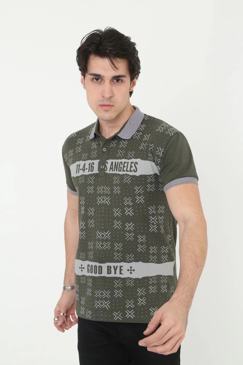 Erkek Yakalı tişort Slim Fit Baskılı Kısa kol T-Shirt - Haki