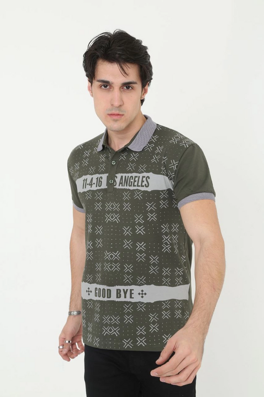 Erkek Yakalı tişort Slim Fit Baskılı Kısa kol T-Shirt - Haki
