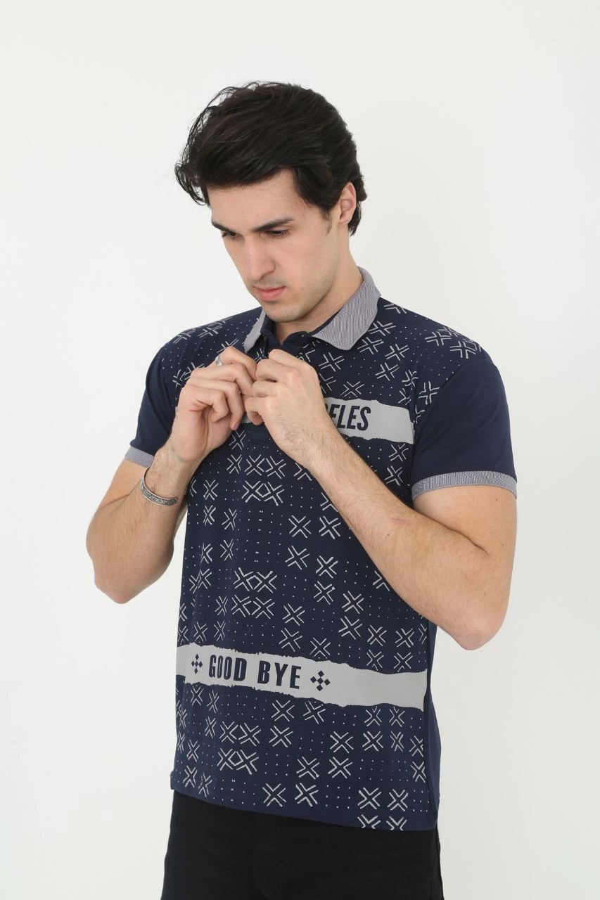 Erkek Yakalı tişort Slim Fit Baskılı Kısa kol T-Shirt - Lacivert