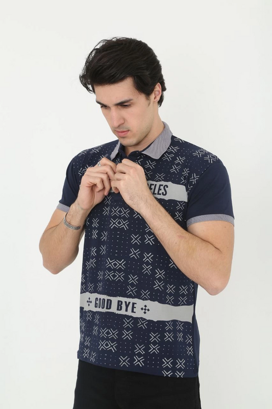 Erkek Yakalı tişort Slim Fit Baskılı Kısa kol T-Shirt - Lacivert