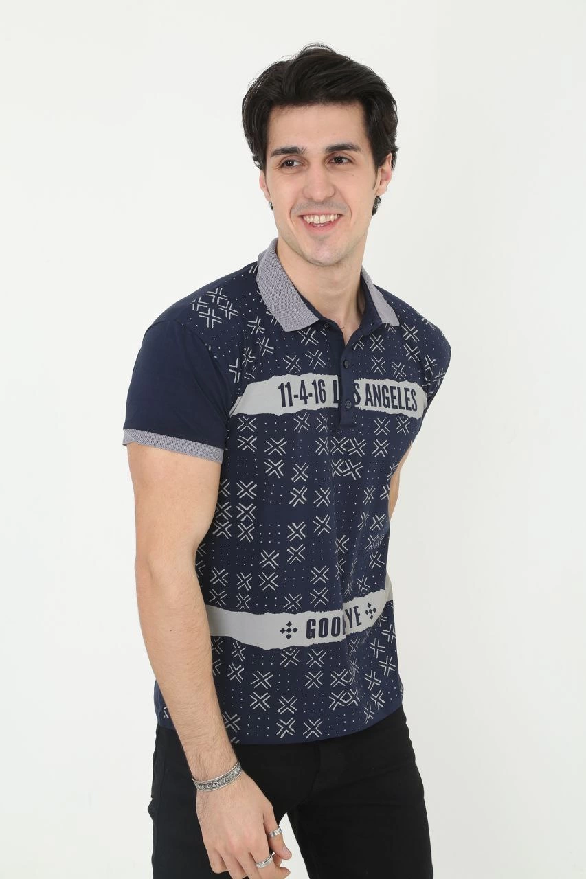 Erkek Yakalı tişort Slim Fit Baskılı Kısa kol T-Shirt - Lacivert
