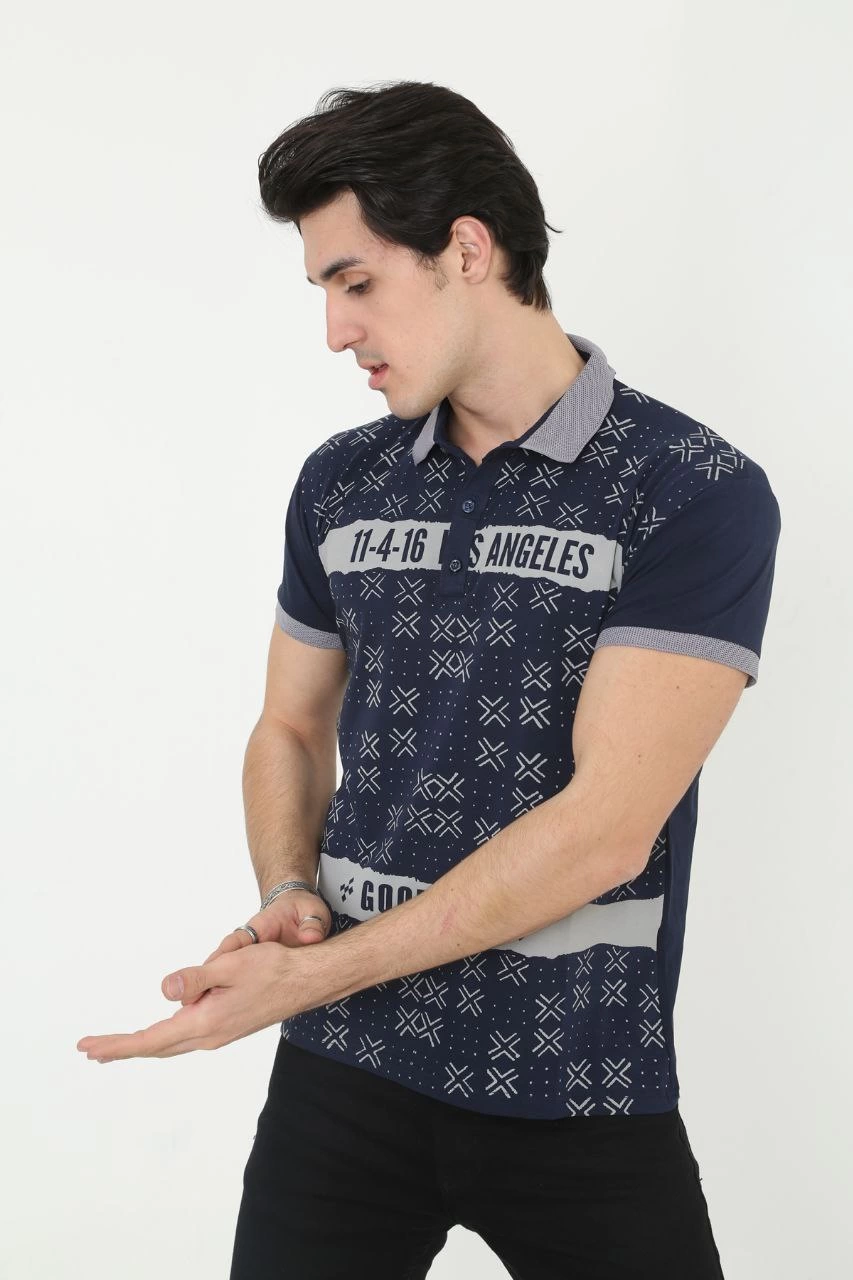 Erkek Yakalı tişort Slim Fit Baskılı Kısa kol T-Shirt - Lacivert