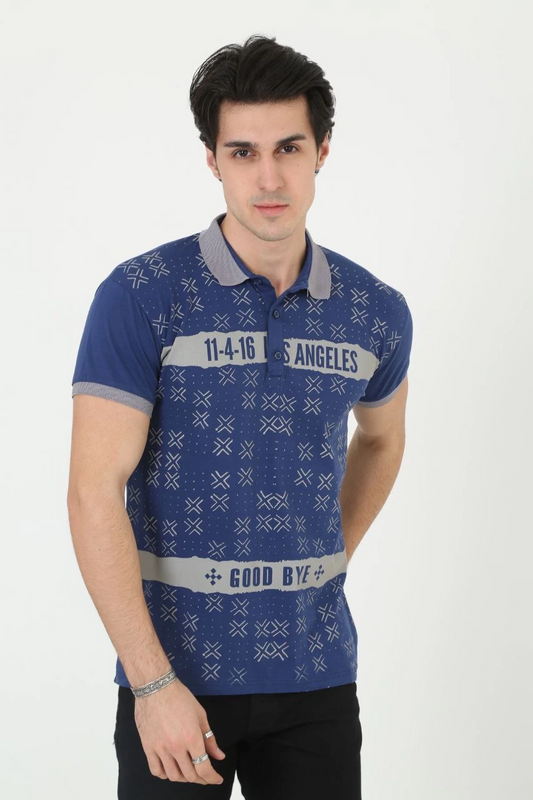 Erkek Yakalı tişort Slim Fit Baskılı Kısa kol T-Shirt - Mavi