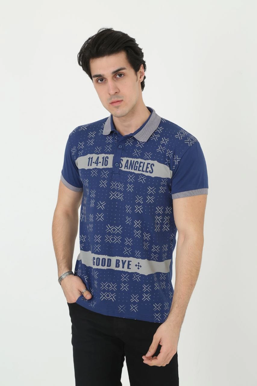 Erkek Yakalı tişort Slim Fit Baskılı Kısa kol T-Shirt - Mavi