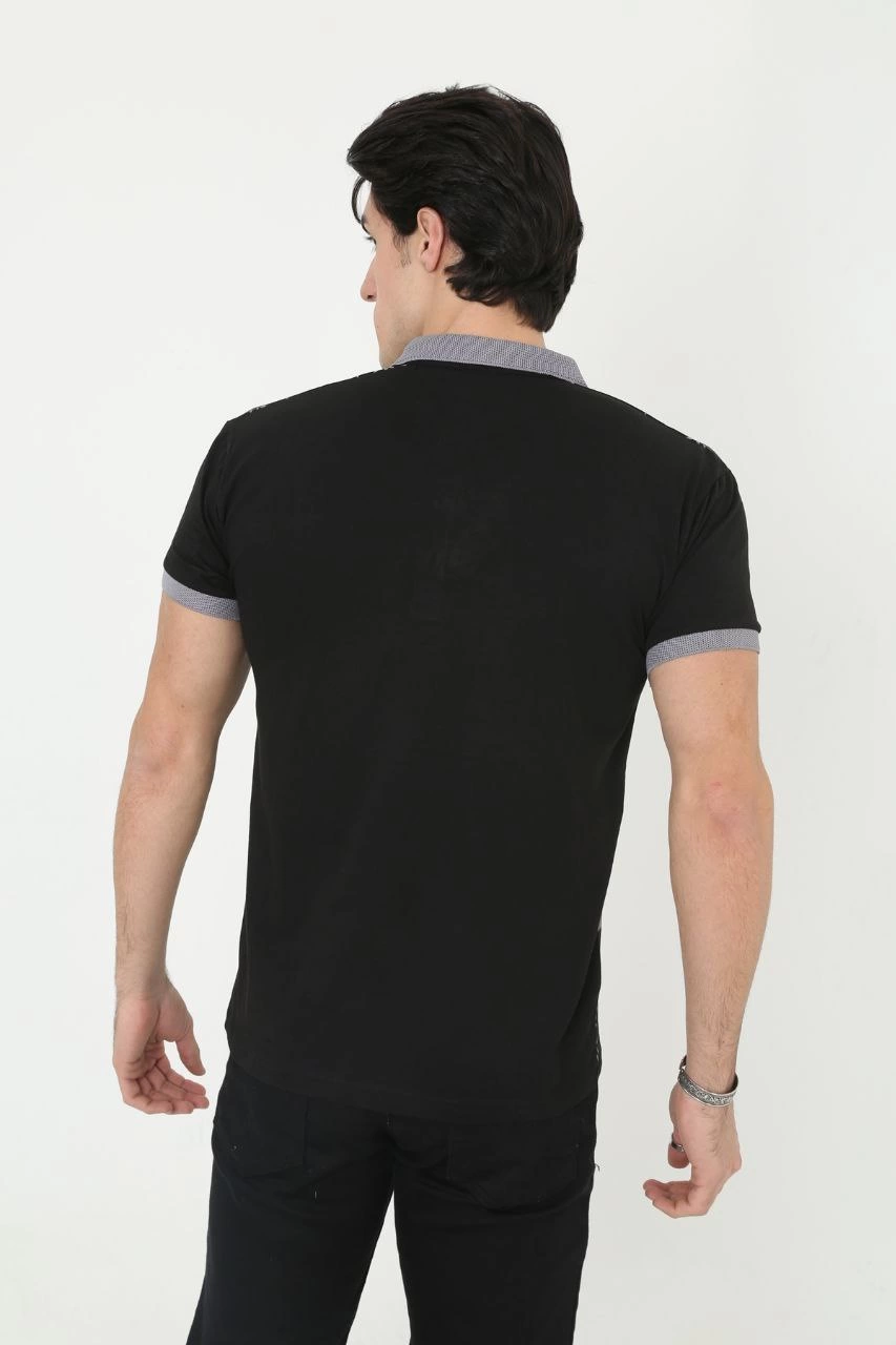 Erkek Yakalı tişort Slim Fit Baskılı Kısa kol T-Shirt - Siyah
