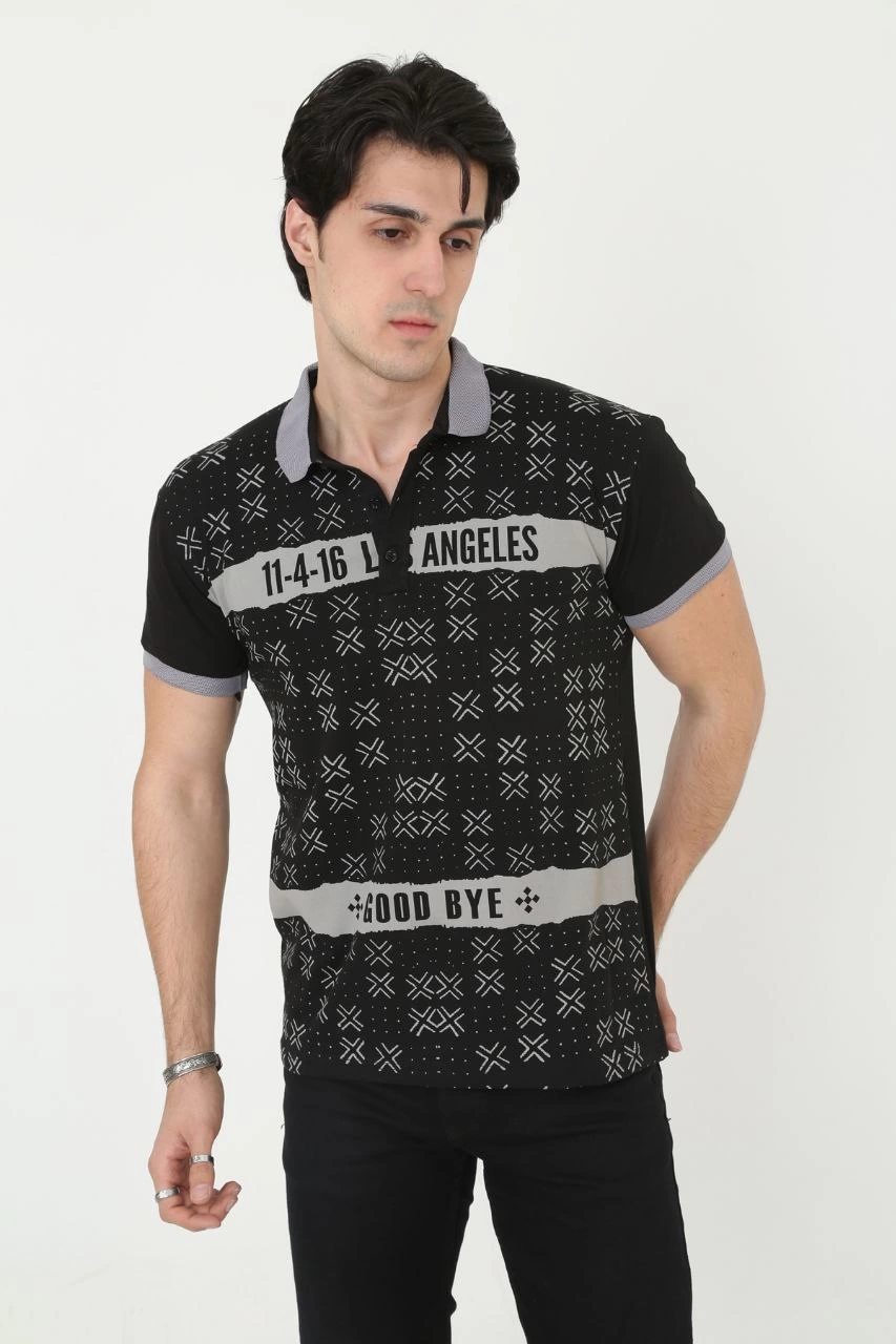 Erkek Yakalı tişort Slim Fit Baskılı Kısa kol T-Shirt - Siyah