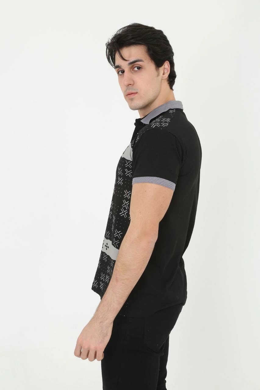 Erkek Yakalı tişort Slim Fit Baskılı Kısa kol T-Shirt - Siyah