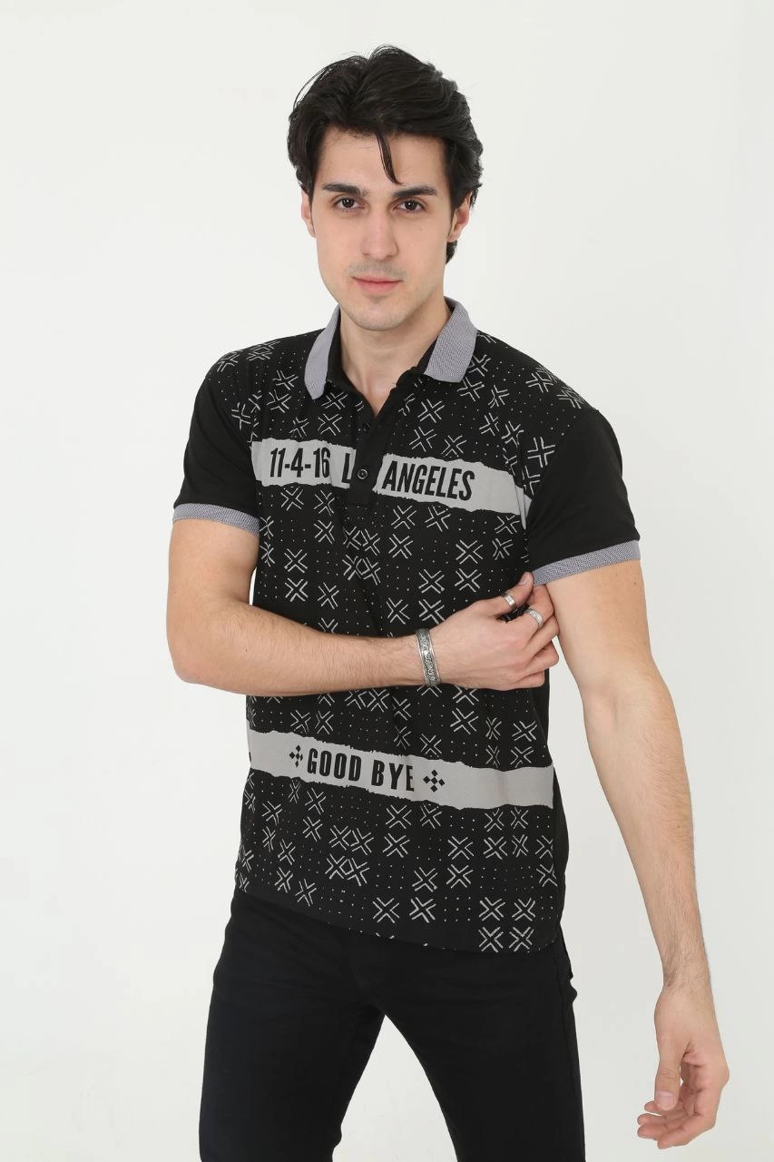 Erkek Yakalı tişort Slim Fit Baskılı Kısa kol T-Shirt - Siyah