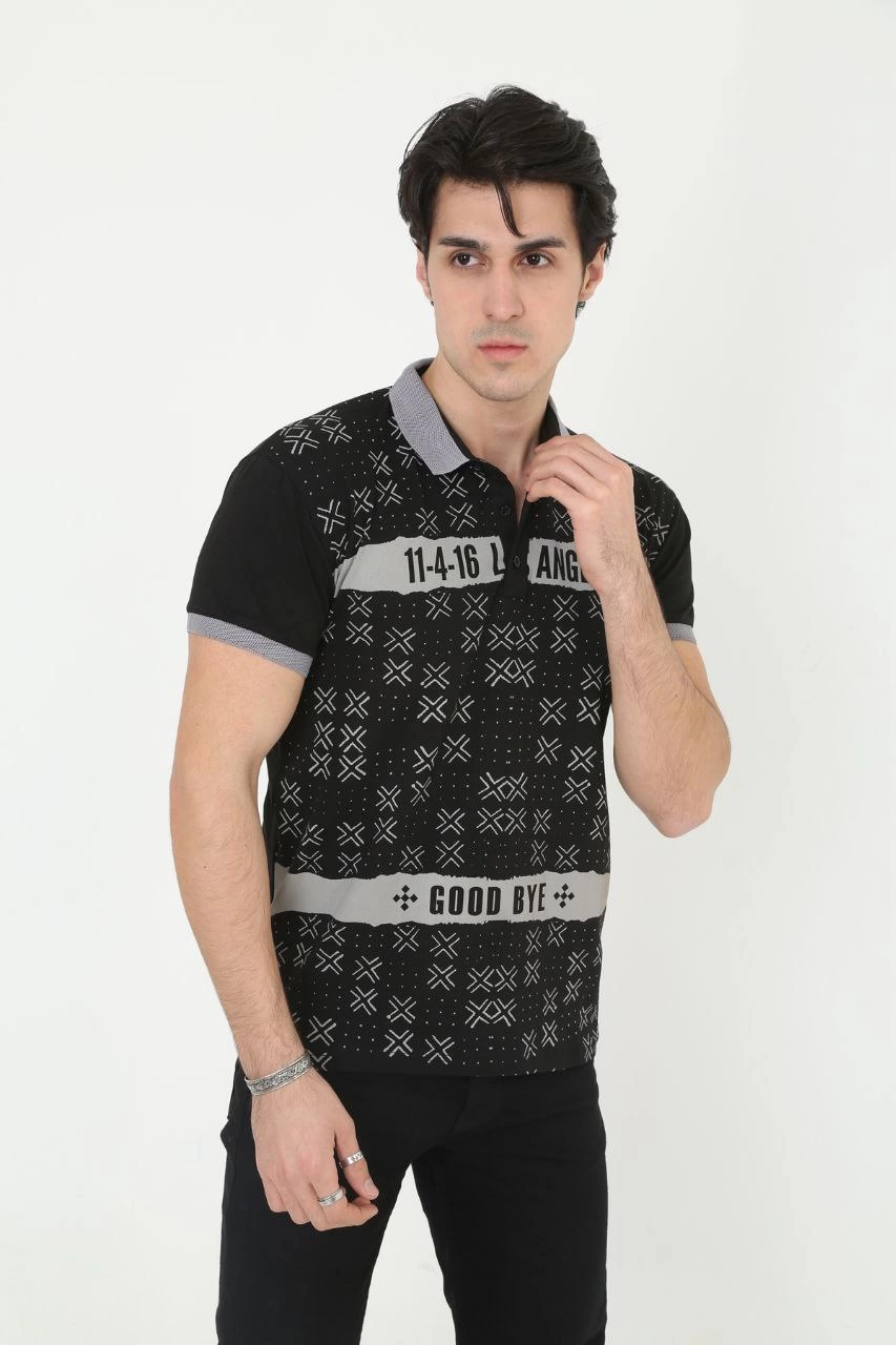 Erkek Yakalı tişort Slim Fit Baskılı Kısa kol T-Shirt - Siyah