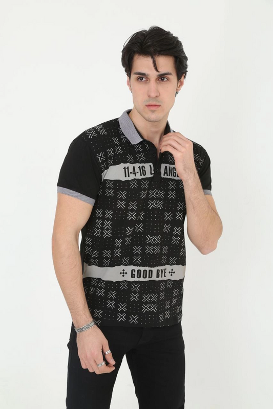 Erkek Yakalı tişort Slim Fit Baskılı Kısa kol T-Shirt - Siyah