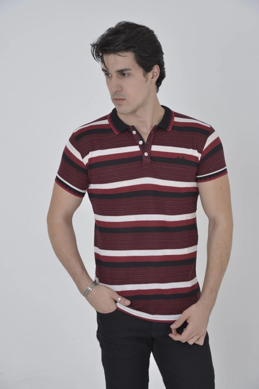 Erkek Yakalı tişort Slim Fit Dokuma Çizgili Kısa kol T-Shirt - Bordo