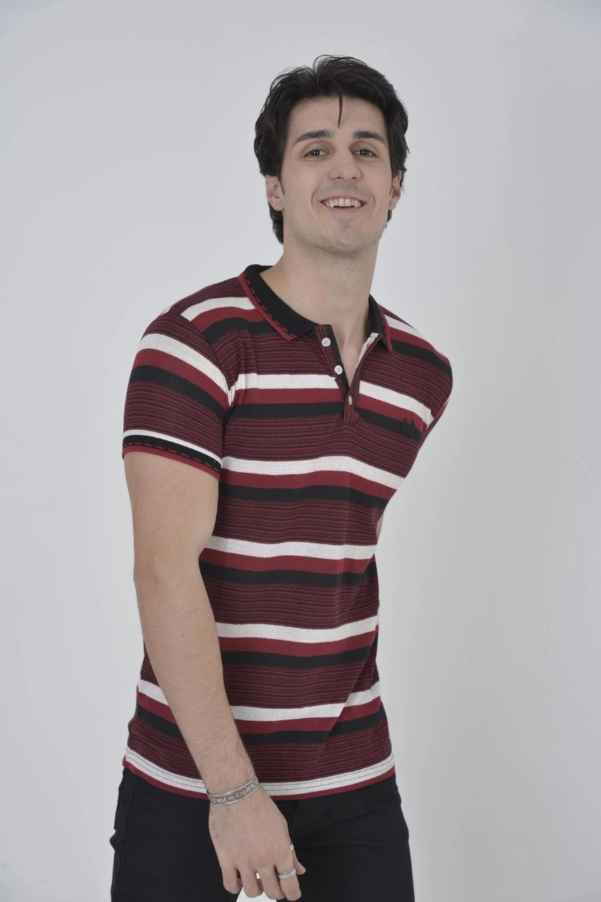 Erkek Yakalı tişort Slim Fit Dokuma Çizgili Kısa kol T-Shirt - Bordo