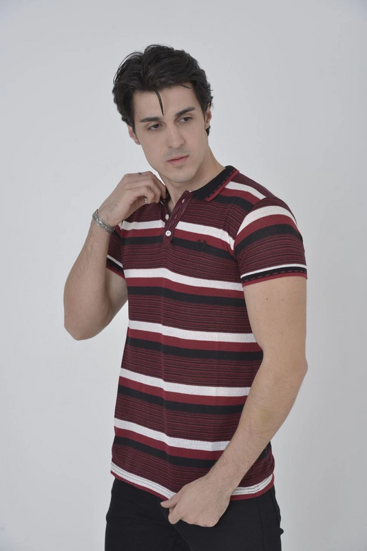Erkek Yakalı tişort Slim Fit Dokuma Çizgili Kısa kol T-Shirt - Bordo