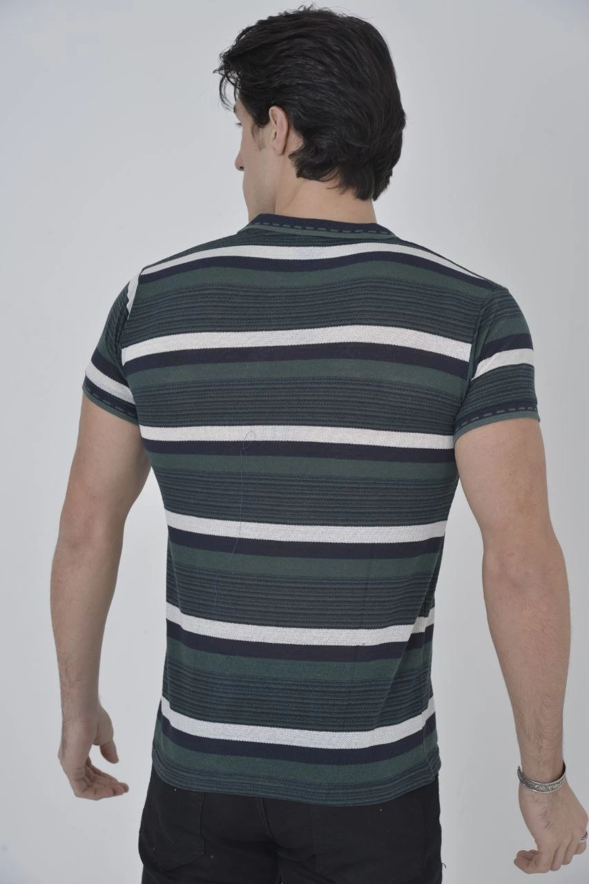 Erkek Yakalı tişort Slim Fit Dokuma Çizgili  Kısa kol T-Shirt - Haki