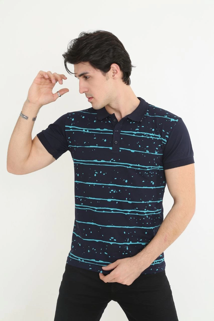 Erkek Yakalı tişort Slim Fit Pike Çizgili  Kısa kol T-Shirt - Lacivert