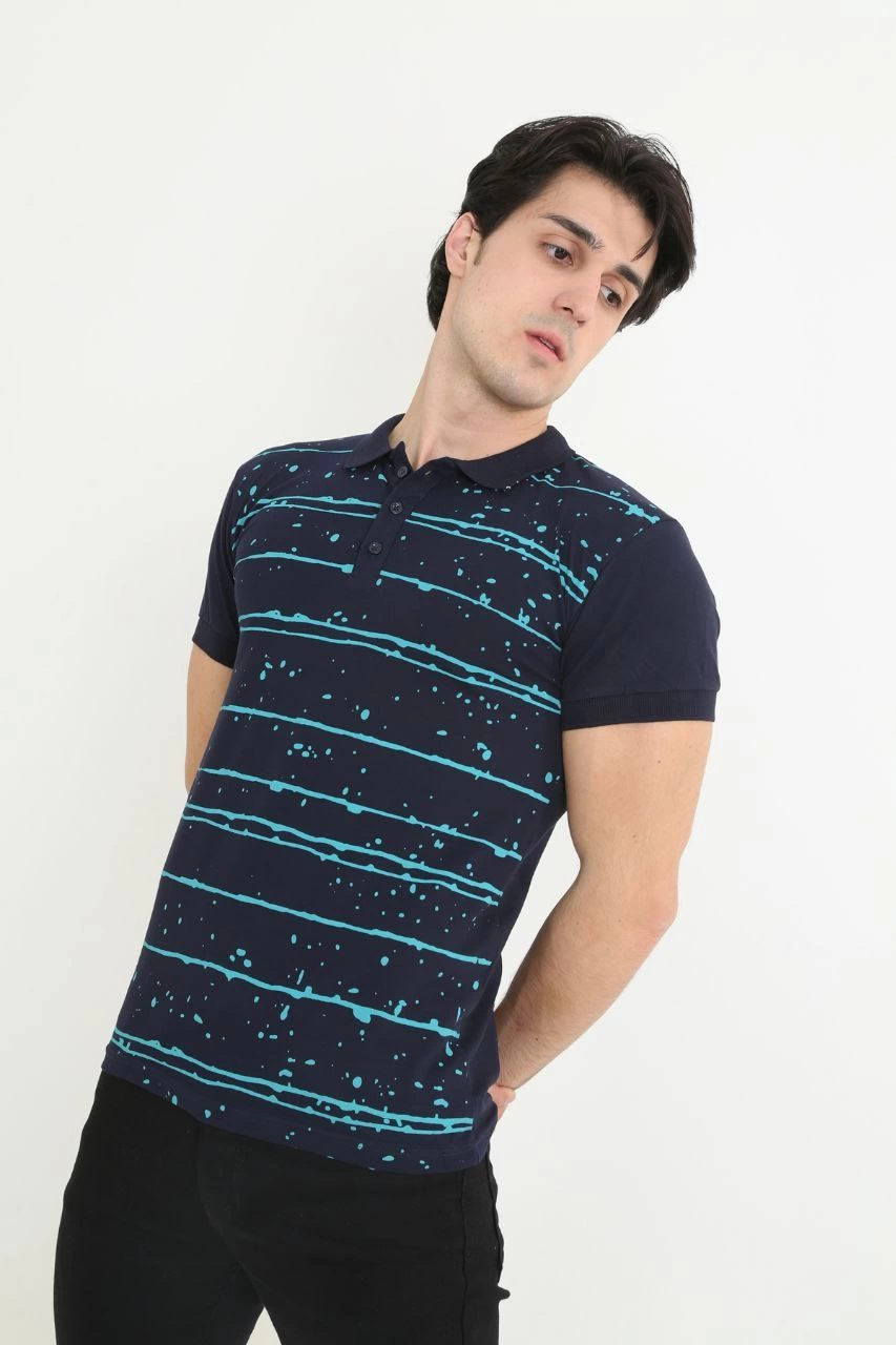 Erkek Yakalı tişort Slim Fit Pike Çizgili  Kısa kol T-Shirt - Lacivert