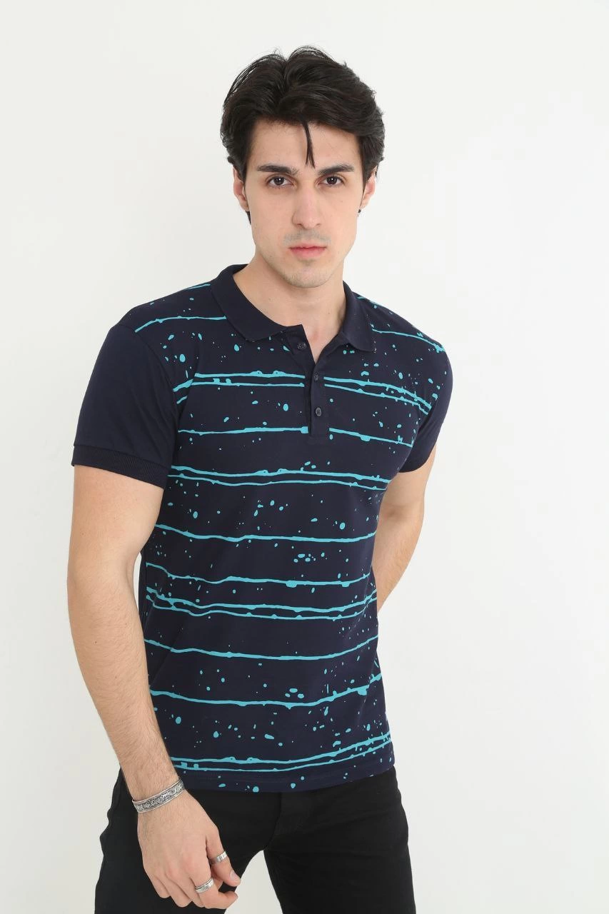 Erkek Yakalı tişort Slim Fit Pike Çizgili  Kısa kol T-Shirt - Lacivert