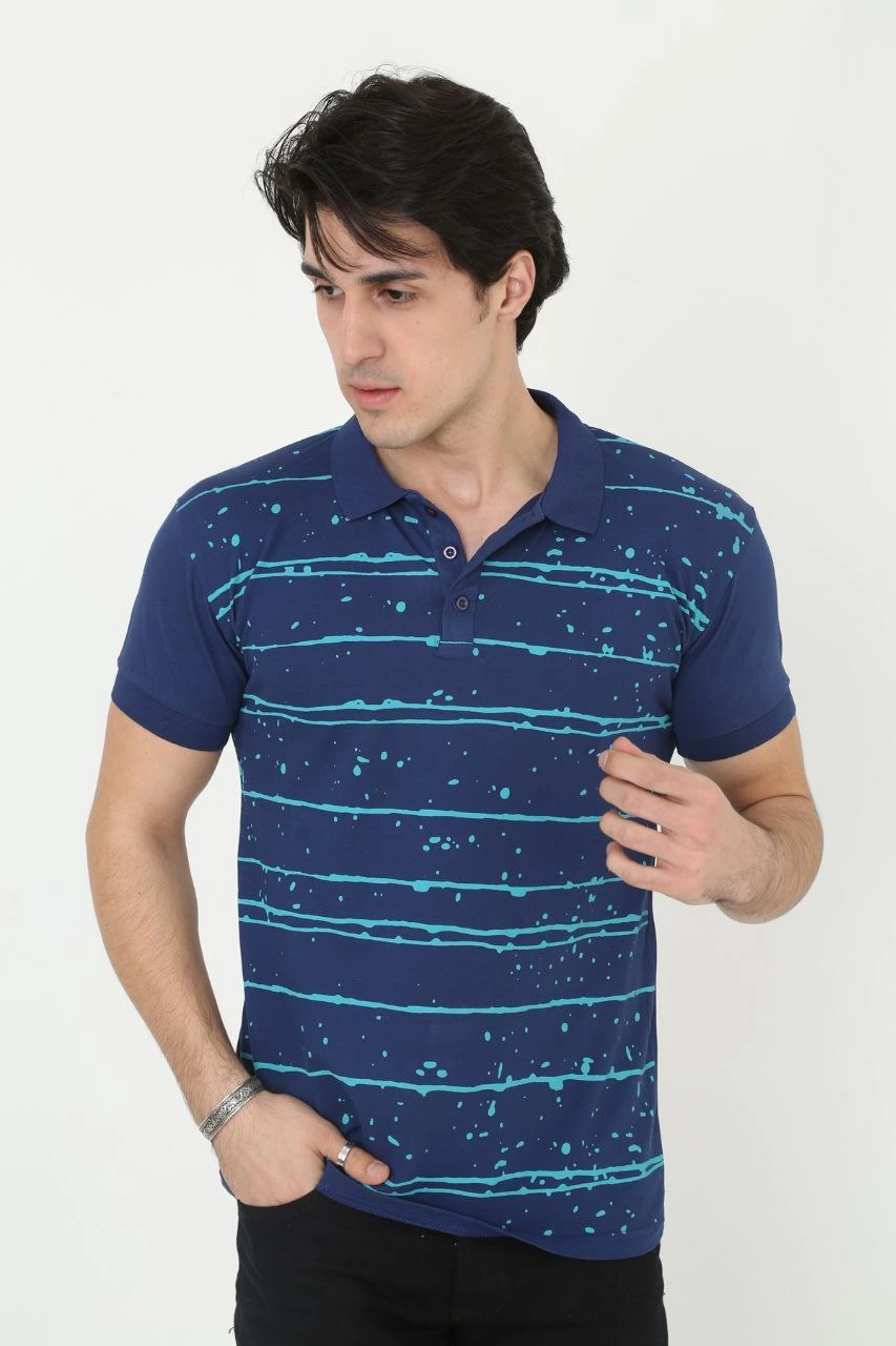 Erkek Pike Yakalı tişort Slim Fit Baskılı Kısa kol T-Shirt  - Mavi