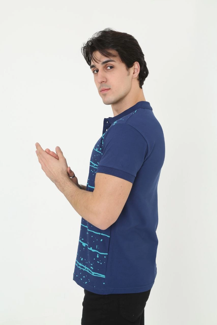 Erkek Pike Yakalı tişort Slim Fit Baskılı Kısa kol T-Shirt  - Mavi