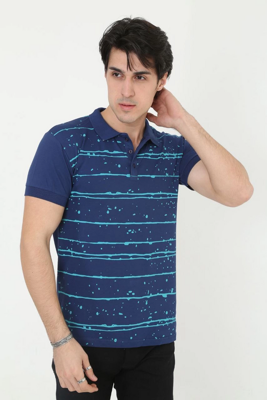 Erkek Pike Yakalı tişort Slim Fit Baskılı Kısa kol T-Shirt  - Mavi